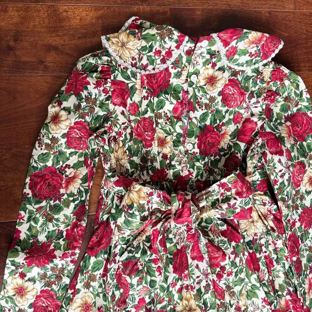 Vintage Bonnie Jean New York Red Floral Holiday Dress With Lace Trim Size 10